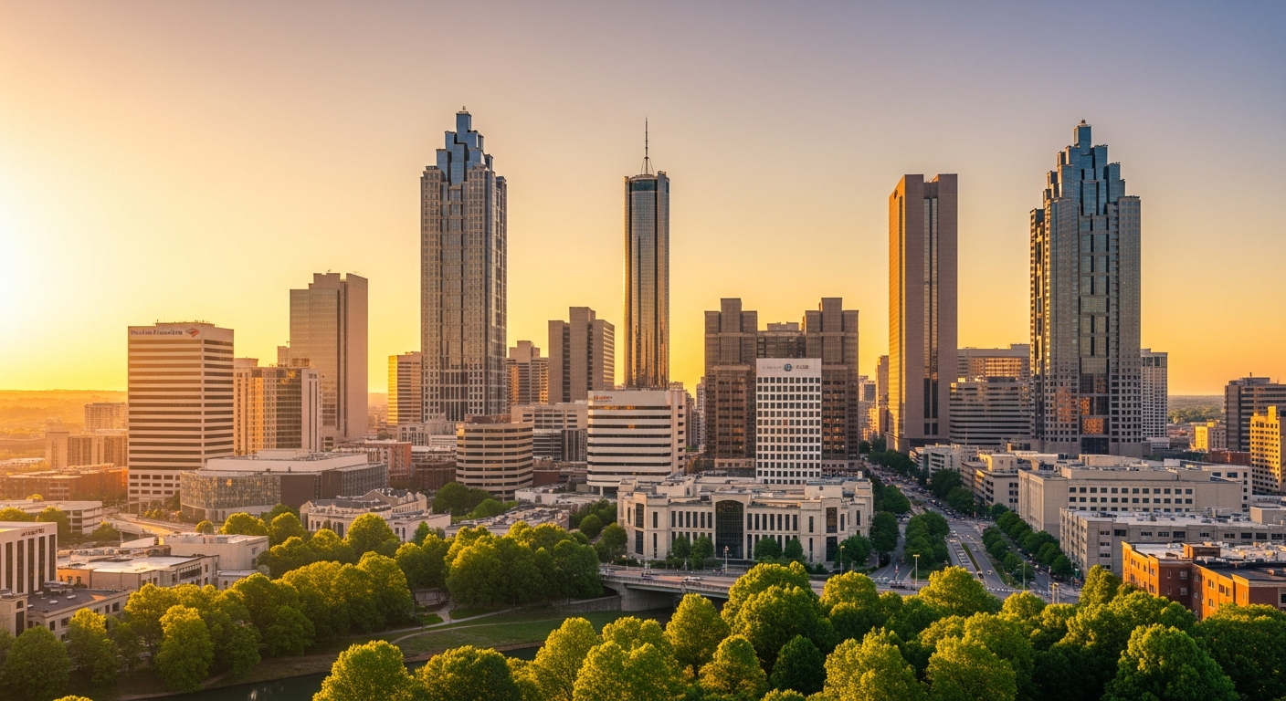 Atlanta Georgia skyline at golden hour showing the business district