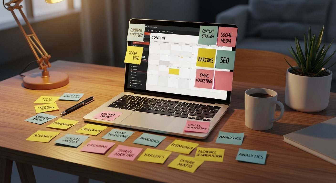 Content strategy planning with sticky notes and laptop on a desk