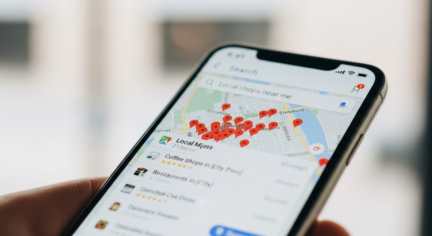 Mobile phone showing local search results and map pins